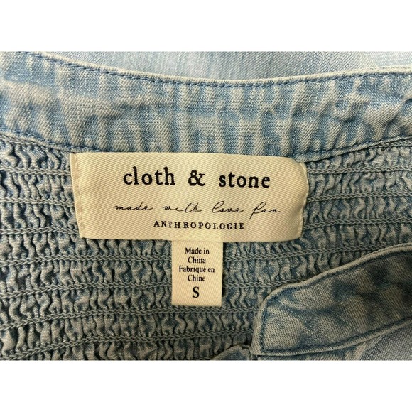 Anthropologie Cloth & Stone S Blue Chambray Smocked Back V Neck Button Shirt - Picture 3 of 3